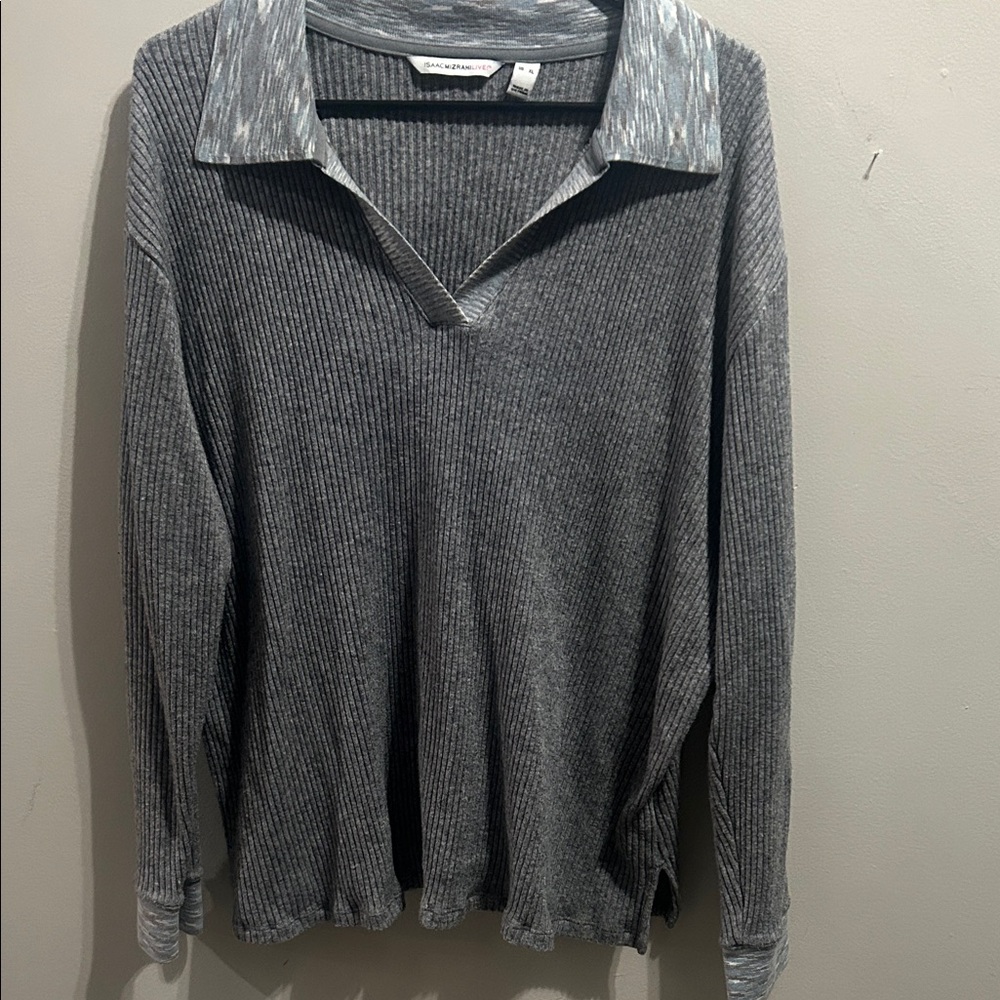 Cashmere Isaac Mizrahi grey ribbed-knit long-sleeve polo sweater oversized